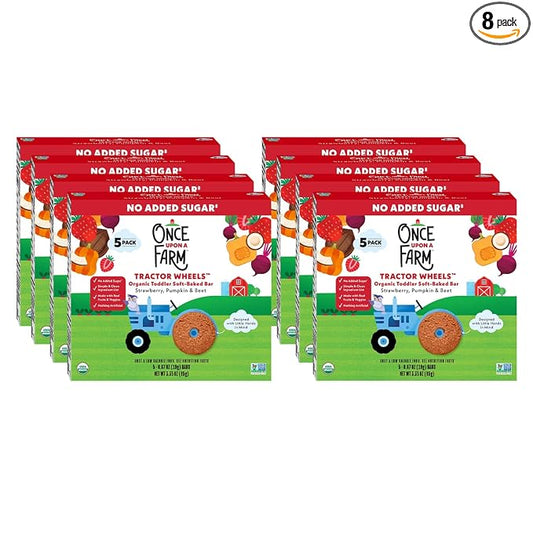 Once Upon A Farm Strawberry, Pumpkin & Beet Soft Baked Bar Snack, for Toddler, Tractor Wheels, No Added Sugar, Non GMO, 3.35 Ounces (Pack Of 8)