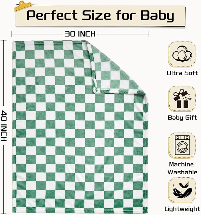 Yurhap Checkered Baby Blanket Fleece Baby Blankets for Boys, Ultra Soft Cozy Fluffy Infant Toddler Newborn Receiving Gifts for Crib Stroller, 30x40 Inch, Jade Green