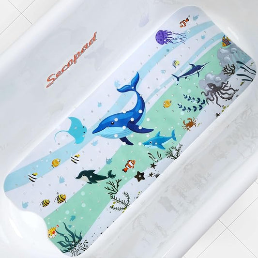 Cartoon Baby Bath Mat, Kids Bathtub Mat Non Slip for Toddler Bath Shower Anti Slip, 40In X 16In with Drain Holes and Suction Cups Machine Washable, Blue Dolphine