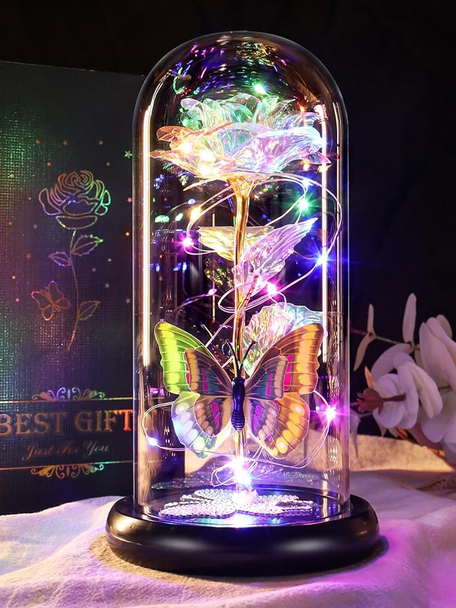 DEEMEI Birthday Gifts for Women Colorful Rose Eternal Flower Light Up Rose in Glass Dome with Butterfly, Flowers for Delivery Prime Mom Gift from Daughter Anniversary Wife Girlfriend Grandma Gift