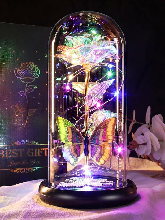 DEEMEI Birthday Gifts for Women Colorful Rose Eternal Flower Light Up Rose in Glass Dome with Butterfly, Flowers for Delivery Prime Mom Gift from Daughter Anniversary Wife Girlfriend Grandma Gift