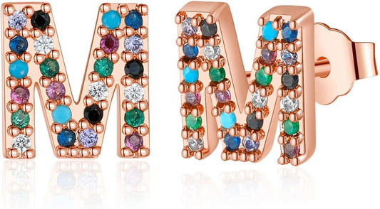 Memorjew Initial Stud Earrings for Women, Hypoallergenic 925 Sterling Silver Post Rainbow Cubic Zirconia Gold Plated 26 Initial Earrings for Women Jewelry Gifts