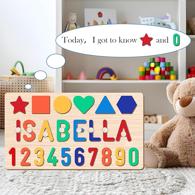 Name Puzzle for Kids Personalized, 1 Year Old Girl Boy Birthday Gifts Wooden Name Puzzle for Toddlers 1-3, Alphabet Puzzle Shape & Number Puzzle Personalized Baby Toys Educational Toys