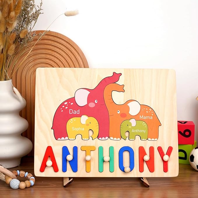 Name Puzzles for Toddlers 1-3, Personalized Name Puzzle with Elephant Family Wooden Puzzle for Toddlers 1-3, First Birthday Gifts for Boys Girls, Personalized Gifts for Mom Dad Kids, Baby Learning Toy