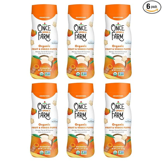Once Upon A Farm Mango, Coconut & Carrot Puffed Sorghum Snack, Fruit & Veggie Puffs, Non GMO, 1.5 Ounces (Pack Of 6)