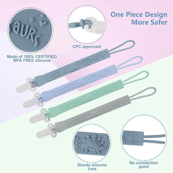 4-Pack Silicone Pacifier Clips with One-Piece Beads for Baby Boys and Girls - Flexible and Rust-Free Holders for Teething Relief and Baby Essentials, Safe for Newborns (Flat, Grey)