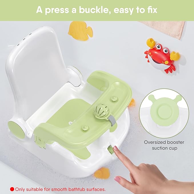 Baby Bath Seat with Sitting & Lying 2 Modes, 3-Speed Adjustment, Powerful Suction Cups, Infant Bathtub Chair with Washable Pillow, Folding and Hanging