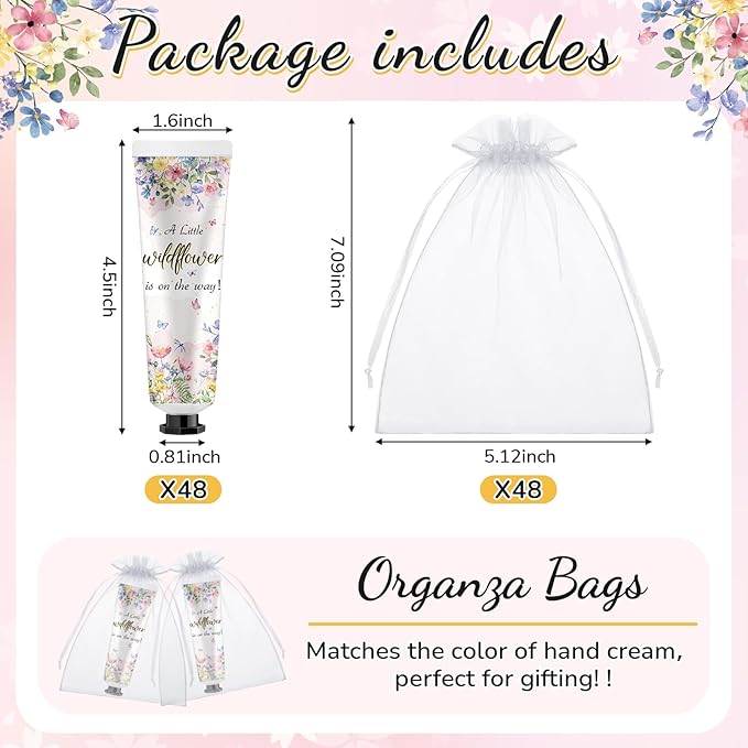 48 Sets Baby Shower Hand Cream Bulk Wildflower Baby Shower Favors Bridal Thank You Hand Cream for Guests Travel Size Lotion with Organza Bags