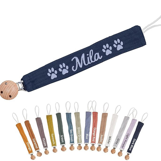Custom Boho Pacifier Clip Holder with Embroidered Name – A Perfect Personalized Baby Baptism Gifts in Eco-Friendly Bamboo! (Dark Blue)