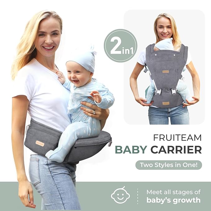 FRUITEAM Baby Carrier with Hip Seat for Breastfeeding, One Size Fits All - 6-in-1 Adjustable Toddler Carrier with Lumbar Support, All Seasons, Adapt to Newborn, Infant & Toddler (Greyish)