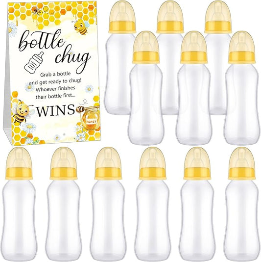 TrelaCo Cool Baby Shower Games Sets 12 Pcs Feeding Bottles with 1 Bottle Chug Sign for Gender Reveal Baby Shower Party Favors Decoration Games(Bee,Yellow)
