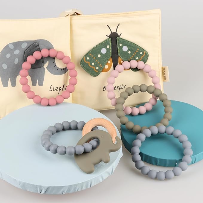 Baby Teether Rings, 100% Silicone Teether Bracelets for 3m+ Babies to Self-Soothe, BPA Free & Phthalate Free - Includes 4 Neutral Baby Rings