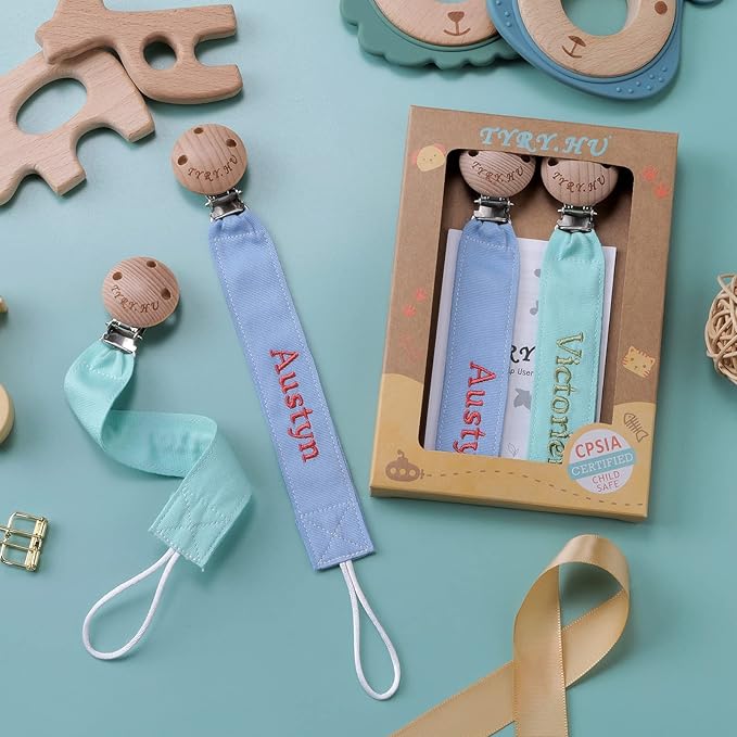 TYRY.HU Personalized Pacifier Clip with Name, Embroidery Webbing Pacifier Holder for Baby Girls and Boys, Neutral Binky Clips Universally Fit All Pacifiers & Baby Toys, Baby Gift, 2 Pack(Blue, Green)