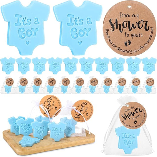 50 Sets Baby Shower Soap Favors for Guests Boy Girl Mini Handmade Scented Soaps with Thank You Tags and Organza Bags for Shower Gender Reveal Party Favors(It's A Boy,Blue Baby Shirt)