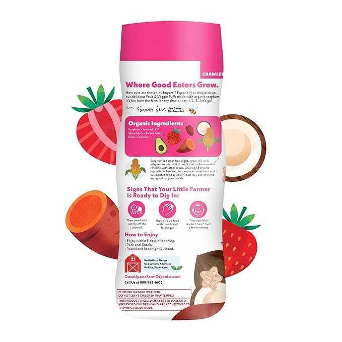 Once Upon A Farm Strawberry, Coconut & Sweet Potato Puffed Sorghum Snack, Fruit & Veggie Puffs, Non GMO, 1.5 Ounces (Pack Of 6)