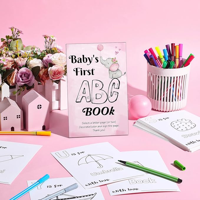 Geelin 51 Pcs Fun Baby Shower Game Activities First Abc Book Sign Coloring Game Card 26 Alphabet a to Z Coloring Card with 24 Watercolor Pen Storage Bag for Baby Shower Party(Pink Elephant)