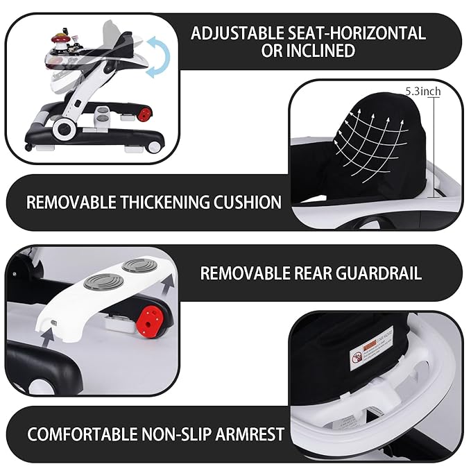 Kinder King Baby Walker with Music & Lights, 5 in 1 Baby Bouncer Activity Walker, Adjustable Height & Seat, Learning-Seated & Toddler Walk-Behind, Safety Bumper, Infant Walker Anti-Rollover, Black