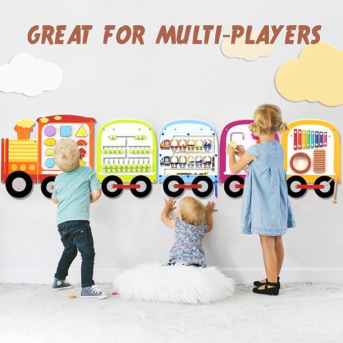 Joyreal Wooden Busy Board Train Activity Wall Panels - Montessori Sensory Wall Toys for Toddlers - Learning Activity Center for Playroom & Daycare Decor - Educational Toy Gift for Boys and Girls 18 M+