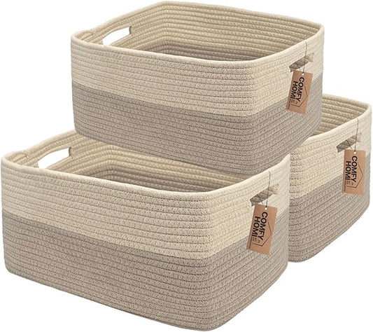 COMFY-HOMI 3 pcs Large Storage Baskets for Shelves, Laundry Basket, Woven Rope Basket, Closet Organizer Bins for Clothes Blanket Towels, Baby Nursery, Gift Toy Baskets, 17” x 13” x 7.5”-Beige brown
