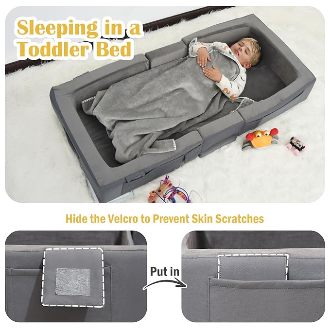 ENITYA Toddler Travel Bed, Folding Floor Cot for Travel, Portable Kids Bed for Sleeping, Washable Toddler Cot for Children 18M – 4yr Old, Grey