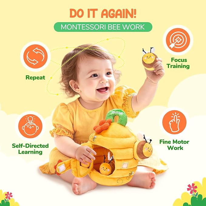 JoyCat Baby Toy for 6-12 Months, Fun Beehive with 5 Stuffed Sensory Bees, Crinkle, Rattle, Mirror, Montessori Toys for 6-9 Months Old Babies, Infant Toys Baby Shower Birthday Gift