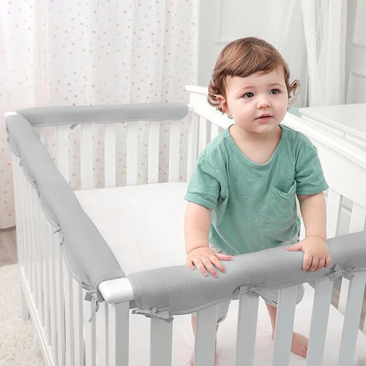Gray 3pcs New Teething Edge Crib Rail Cover&Corner Guard Coverage Straps,Reversible Guardrail Cover Protector for Boys Girls(1 Long 2 Short)