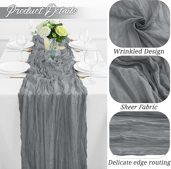 12Pack Grey Table Runner 35 x 120 inch Cheesecloth Table Runner 10FT Boho Table Runners Rustic Gauze Cheese Cloth Table Runners for Party Wedding Birthday Dining Bridal Shower Baby Shower Decor
