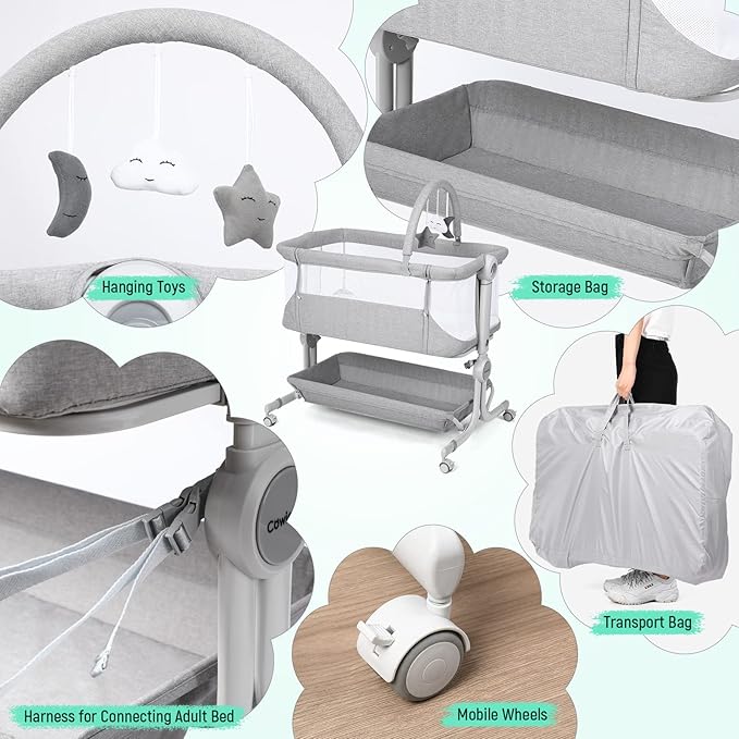 Cowiewie Baby Bassinet Bedside Sleeper with Storage Basket,Wheels and Toys, Easy Folding Portable Bassinet with Wheels Adjustable Height Portable Bassinets for Newborn