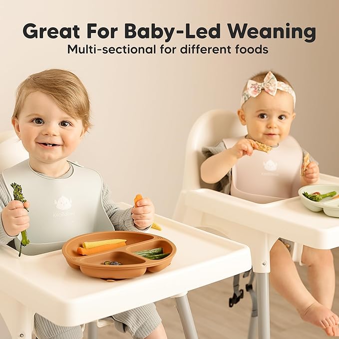 KeaBabies Suction Plates for Baby, Toddler - 3-Pack 100% Silicone Toddler Plates with Suction, Divided, BPA-Free Baby Led Weaning Essentials for Kids, Dishwasher, Microwave Safe, Durable (Sage)
