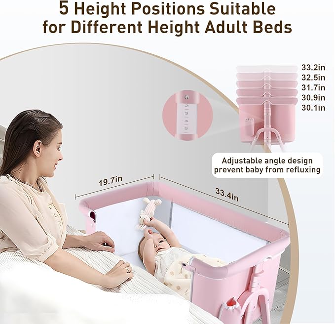 4 in 1 Bedside Bassinet for Baby, Portable Baby Bassinet with Wheels, Baby Crib with Changing Station, Mattress Included and Storage, Foldable Travel Bassinet for Baby/Infant/Newborn-Pink