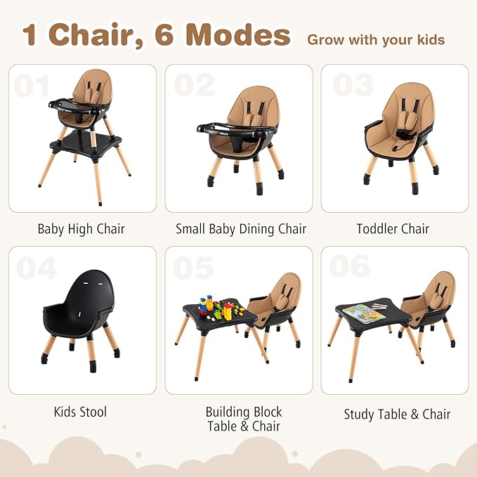 BABY JOY 6 in 1 High Chair, Convertible High Chairs for Babies and Toddlers/Booster Seat/Table and Chair Set, Infant Wooden Highchair w/ 5-Point Harness, 4-Position Removable Tray & PU Cushion, Coffee
