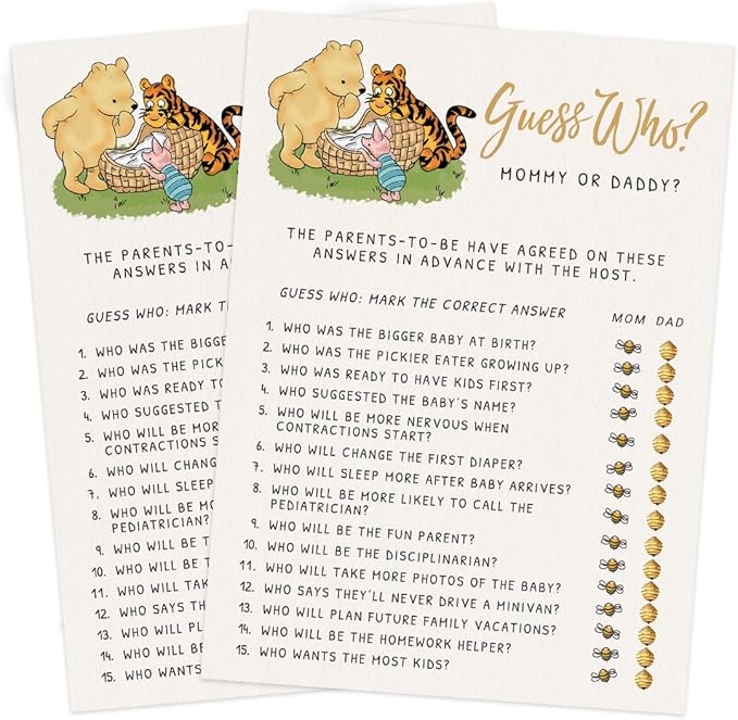 Printed Party Winnie Baby Shower Game Set – 4 Games with Classic Pooh Theme for 30 Guests, Includes Bingo, Mommy Trivia, Emoji Storybook, and Guess Who, Bear Theme for Boy or Girl