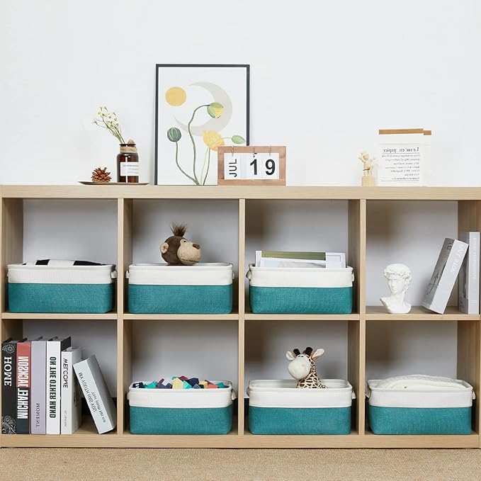 HNZIGE Small Closet Storage Baskets for Storage,Rectangular Storage Baskets Bins for Nursery,Gifts Empty Baskets for Organizing Shelves,Baby,Toy,Home(White&Teal,11.8" x 7.8" x 5.1")