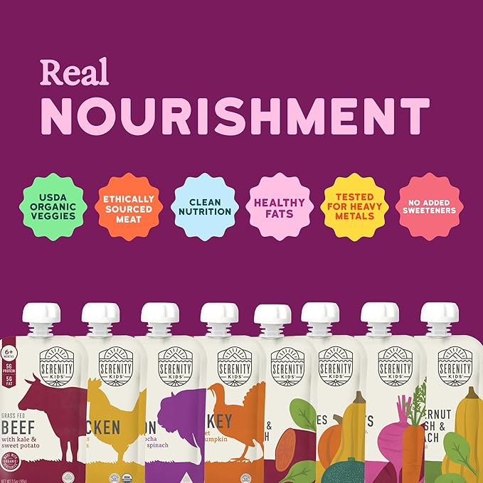 Serenity Kids 6+ Months Meats + Veggies Mixed Baby Food Puree Pouch Variety Pack 18 Count- No Sugary Fruits or Added Sugar - 3.5 Oz BPA & Allergen Free Pouch- Baby Puree Variety Pack - Pouches - Bison