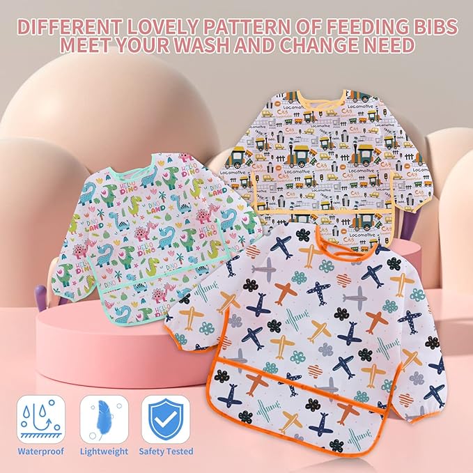 3 Pcs Waterproof Long Sleeves Baby Bibs Weaning Smock Bib 3-24 Months