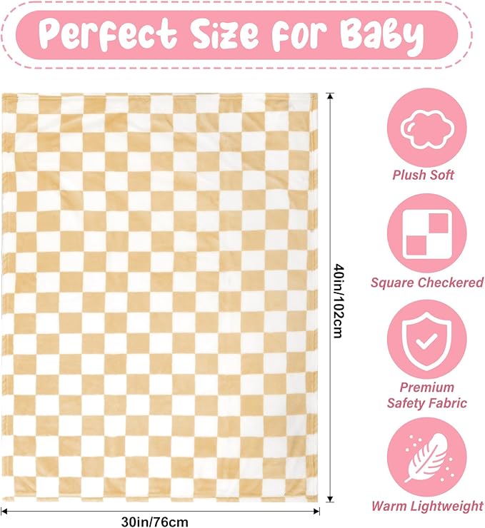 Plush Checkered Baby Blanket for Boys Girls Nursery, 30"*40" Warm Short Fleece Blanket Neutral for Infant Newborn, Small Fuzzy for Sleeping, Chenille or Stroller (Sand Yellow&White)