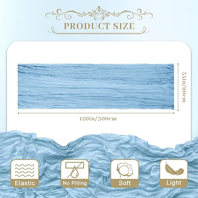 Le courant 12pcs 10Ft Cheesecloth Table Runner, Rustic Boho Gauze Cheese Cloth Runner Table Runner for Weddings Bridal Baby Shower Birthday Holiday Parties Home Decor, Baby Blue