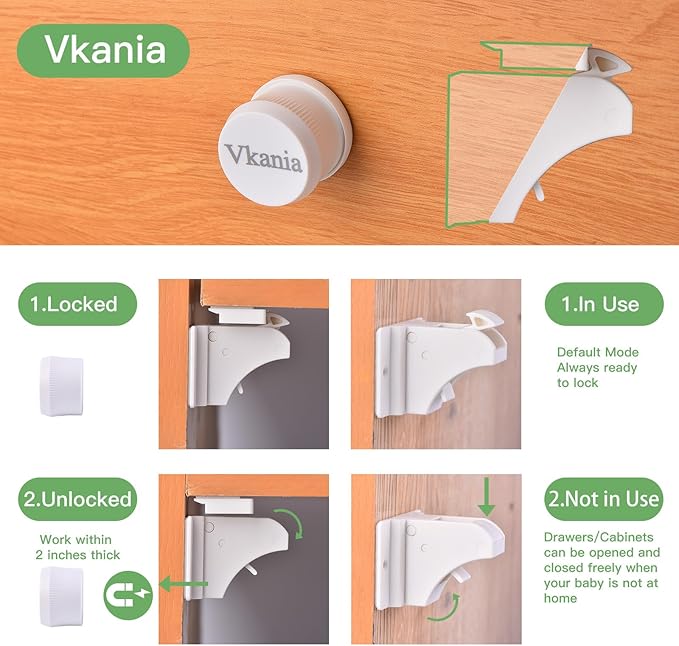 10 Pack Magnetic Cabinet Locks Baby Proofing - Vkania Baby Safety Latches for Drawers and Cabinets -Easy Installation No Drilling