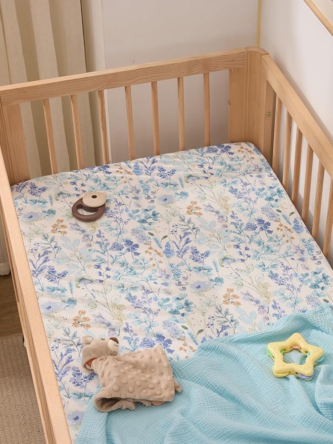 TILLYOU 2 Pack Muslin Crib Sheets for Boys and Girls, 100% Cotton Fitted Crib Sheet for Toddler 52"x28" Standard Crib Mattress, Blue Flower
