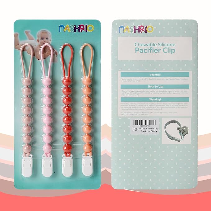 4-Pack Silicone Pacifier Clips for Baby Boys and Girls - with One-Piece Beads, Flexible and Rust-Free Holders for Teething Relief and Baby Essentials - Safe for Newborns (Pink)