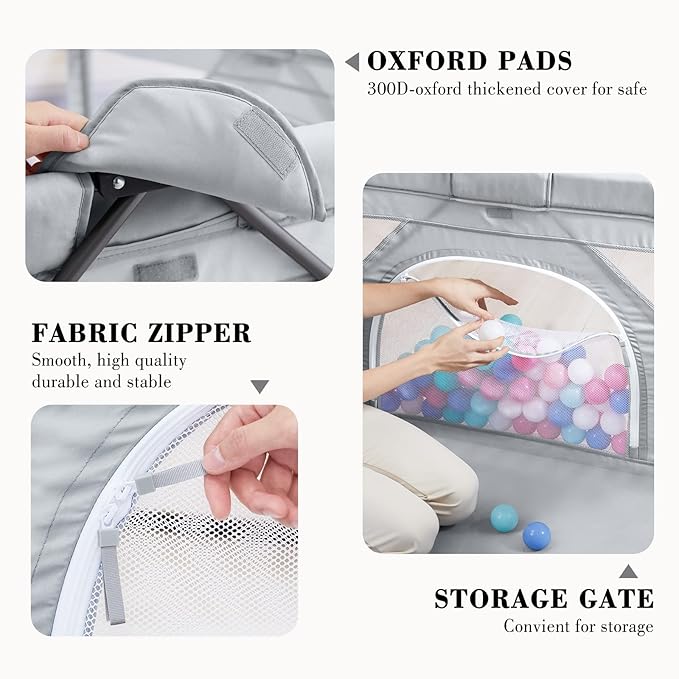 ANGELBLISS Baby Playpen, Foldable Playpen for Babies and Toddlers, Indoor & Outdoor Baby Activity Center with Visible Breathable Mesh, Portable Play Yard with 2 Handlers+50 Balls (Grey, 71 * 71)