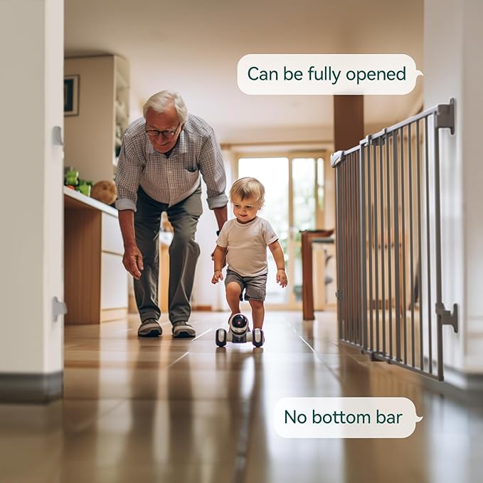 Babelio 31.5-55" No Bottom Bar Baby Gate Extra Wide, 2-in-1 Auto Close Dog Gate for The House, Stairs and Doorways, with Large Walk Thru Door, Grey