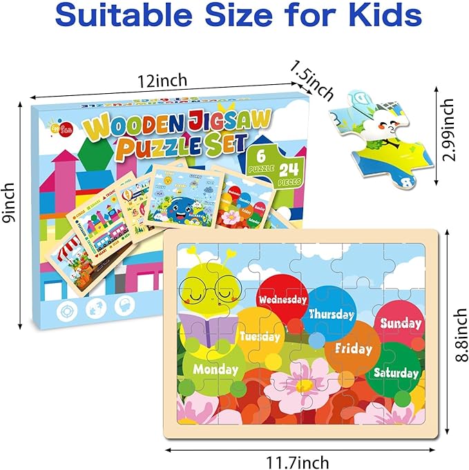 Wooden Puzzles for Kids, 6 Packs 24Pcs Wooden Number Shape Seasons Toddler Jigsaw Puzzles, Preschool Educational Learning Toys Gifts for Boys and Girls 2 3 4 5 6 Year Old