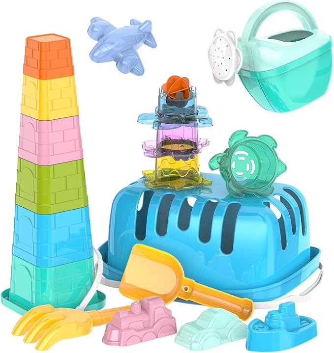 Splash & Sand Adventure Set – Beach Toys for Toddlers with 18 Pcs Stacking Cups, Watering Can, Bucket, Shovels, Rake, Toy Car Sand Moulds & Storage Basket, Summer Toys for Kids Ages 1+