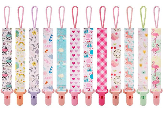 12 Pack Pacifier Clips with Strap 25.5cm - Premium Polyester Baby Pacifier Holder Set, Multi-Design Clips for Girls Boys（Multi Color B）