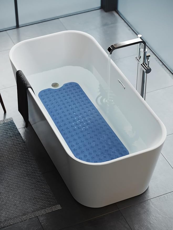 Linoows Bathtub and Shower Mats, Extra Long Non-Slip Bath Tub Mat 39 x 16 Inch, Machine Washable Bathmat with Suction Cups & Drain Holes for Bathroom Floor, Clear Royal Blue