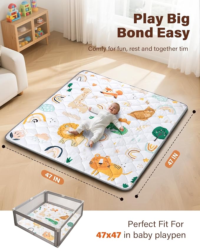 Baby Play Mat 47"x47", Non-Slip Baby Mat for Floor, Soft Thicker Playpen Mat, Portable Playmat, Crawling Mat for Babies, Toddlers & Infants to Play and Learn（Animal）