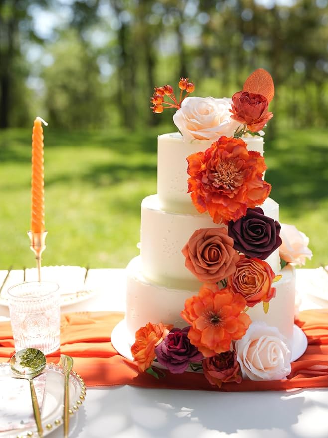 RICHMYC Artificial Flowers Orange Wedding Silk Flowers with Stems, Fall Flowers Artificial for Decoration Fake Cake Flowers for Wedding Bouquets Centerpieces Baby Shower Fall Decor