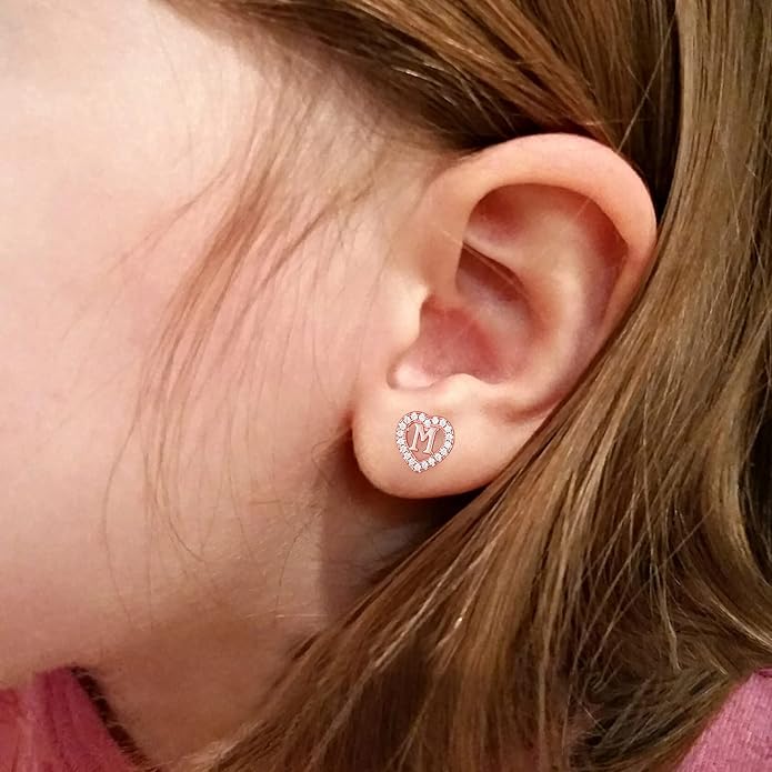 Initial Heart Earrings for Girls, Sterling Silver Post Silver/Rose Gold Heart Initial Stud Earrings for Little Girls Kids Baby Earrings Non Tarnish Hypoallergenic Earrings for Teen Girls Gifts Jewelry