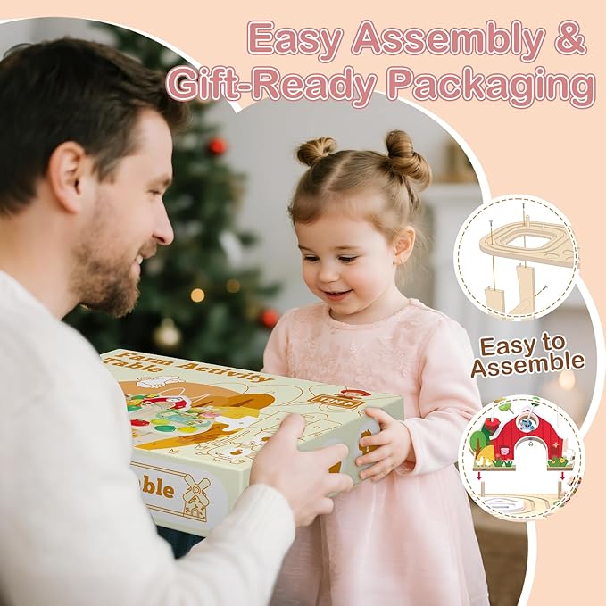 Kids Girls Wooden Farm Activity Table for 1 2 3 Years Old, Montessori Learning Toy with Bead Maze, Shape Sorter & Animal Train, Sensory Development Toy for Toddlers, Educational Gift for Baby